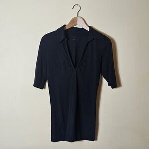 GAP Collared V Neck Top Classic Black Women M Pleated Neckline Blouse Super Soft